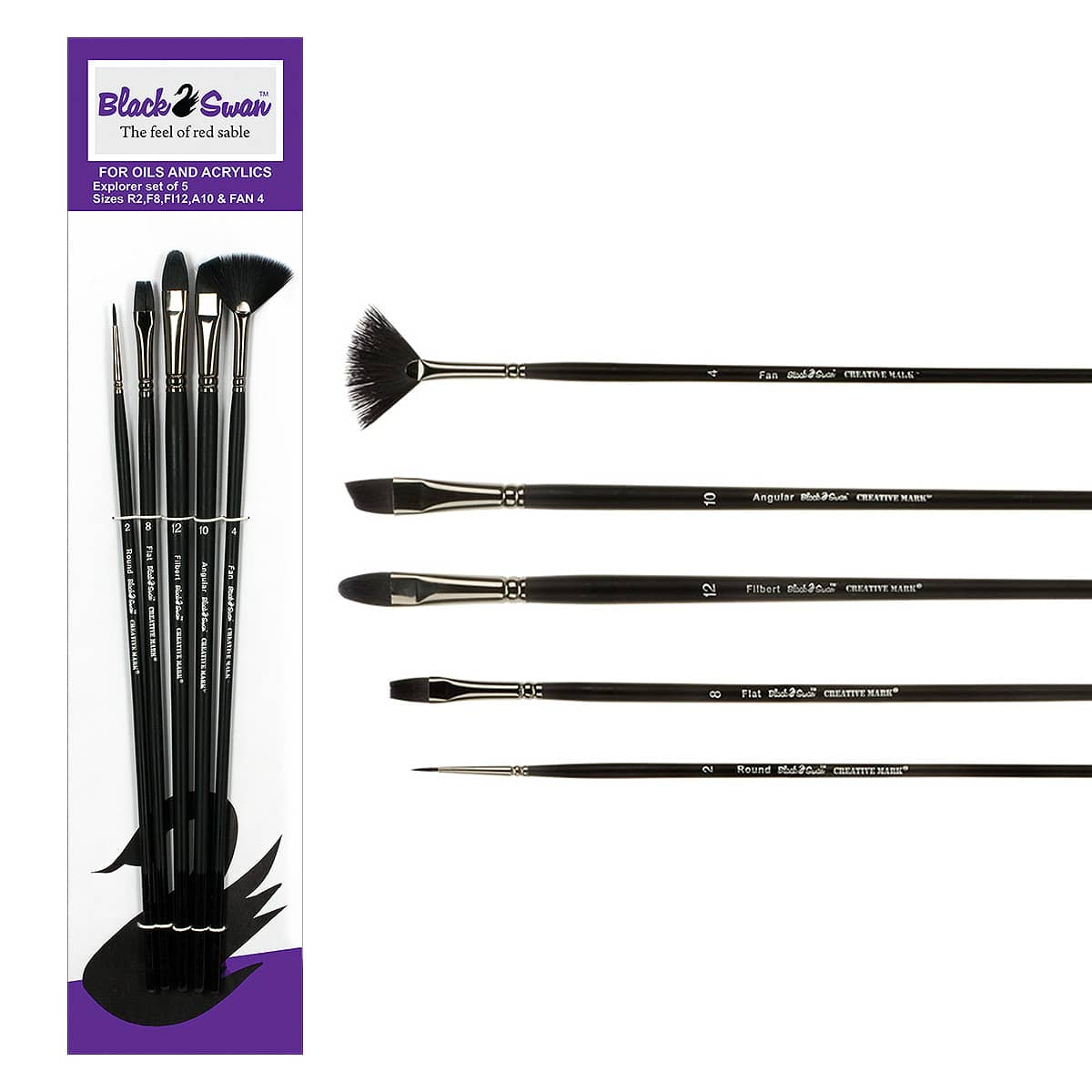 Black Swan Synthetic Red Sable Long Handle Brush Explorer Set of 5