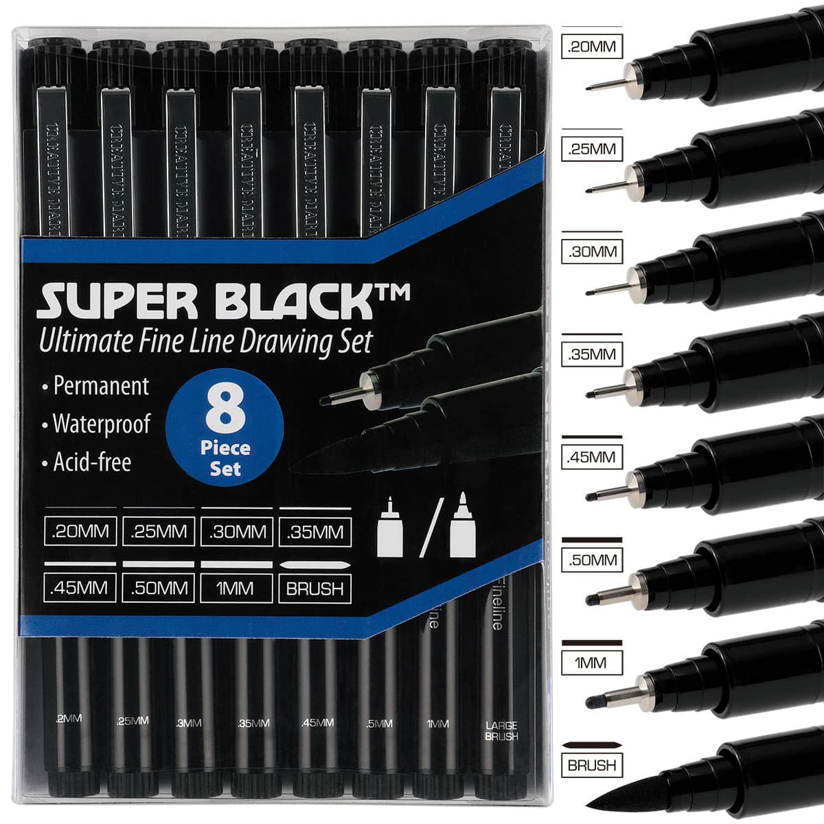 Super Black Permanent Fineliner Pen Set of 8