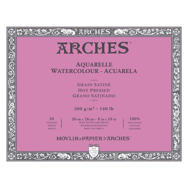 Arches Watercolor Block 8x10, 140lb Hot Press, 20 Sheets