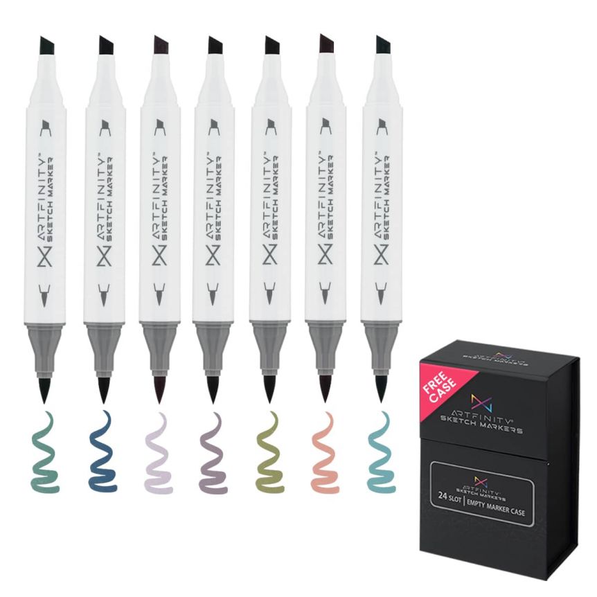 Artfinity Sketch Marker Muted Set of 7 + Free 24-Count Marker Storage Case