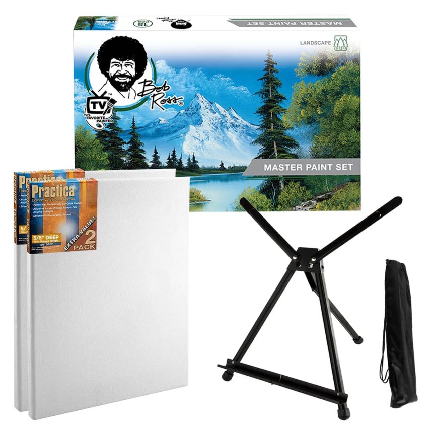 Bob Ross Oil Painting Master Paint Set + 12x16 Stretched Canvas Pack of 2  + Aluminum Table Easel