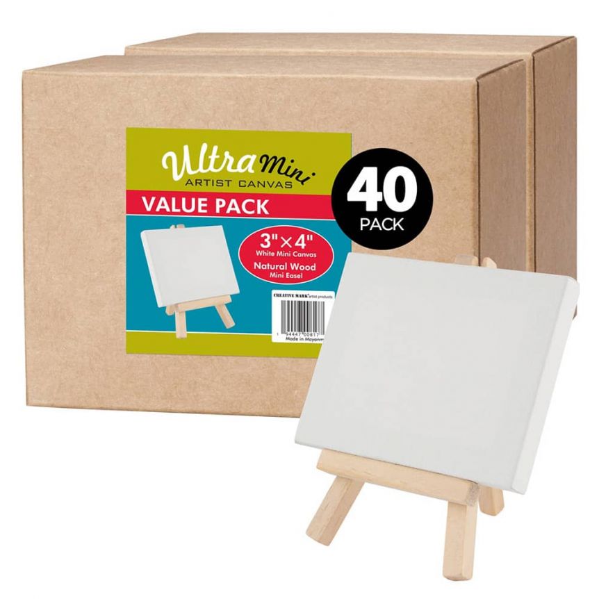 Box of 40 Ultra Mini White Canvas 3 x 4 in w/ Natural Easel Set