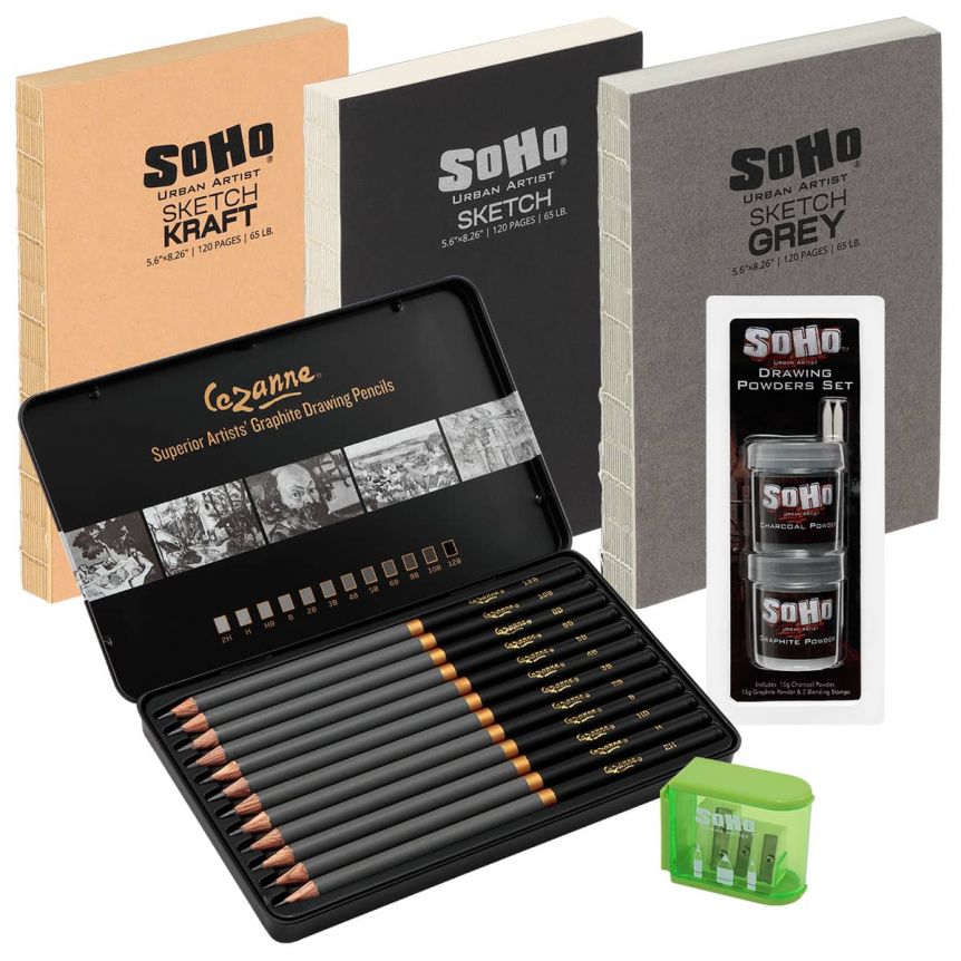 Special Graphite Drawing Set w/ Cezanne Graphite Pencils, Sketchbooks & Drawing Powder