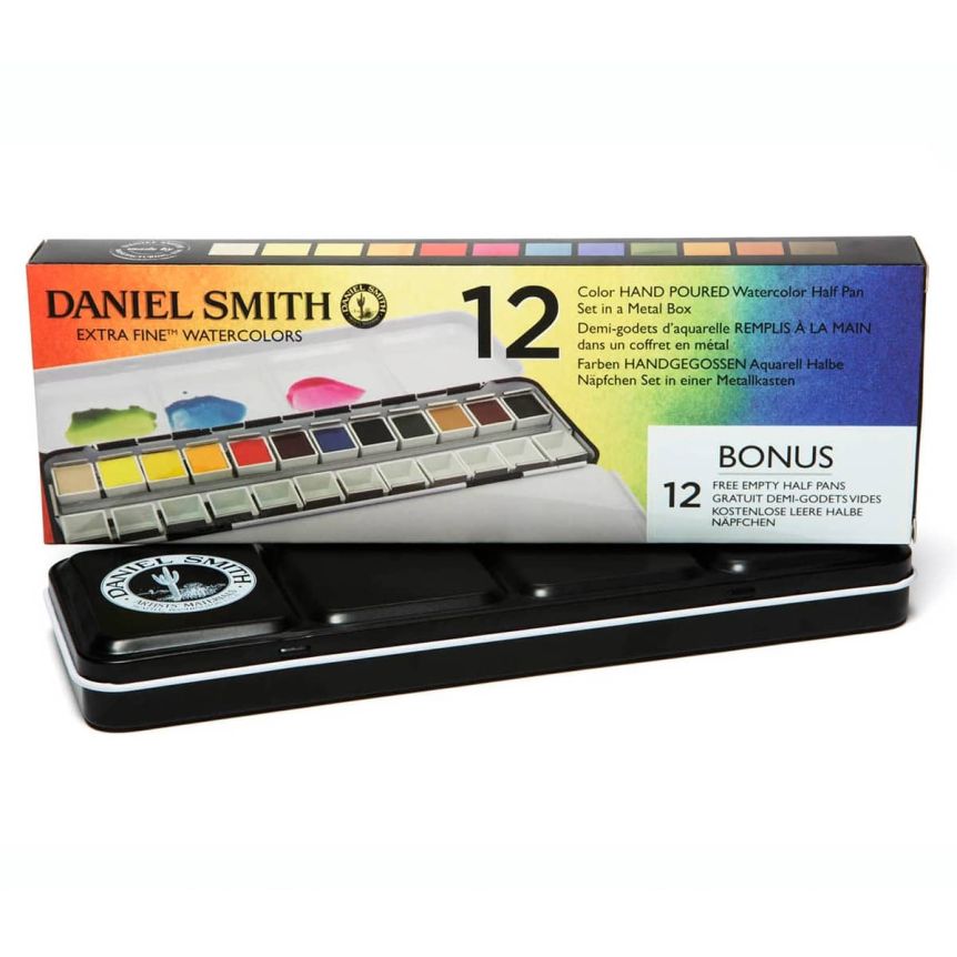 Daniel Smith Watercolor Half Pan Metal Box Set (12 Colors + 12 Empty Pans) 