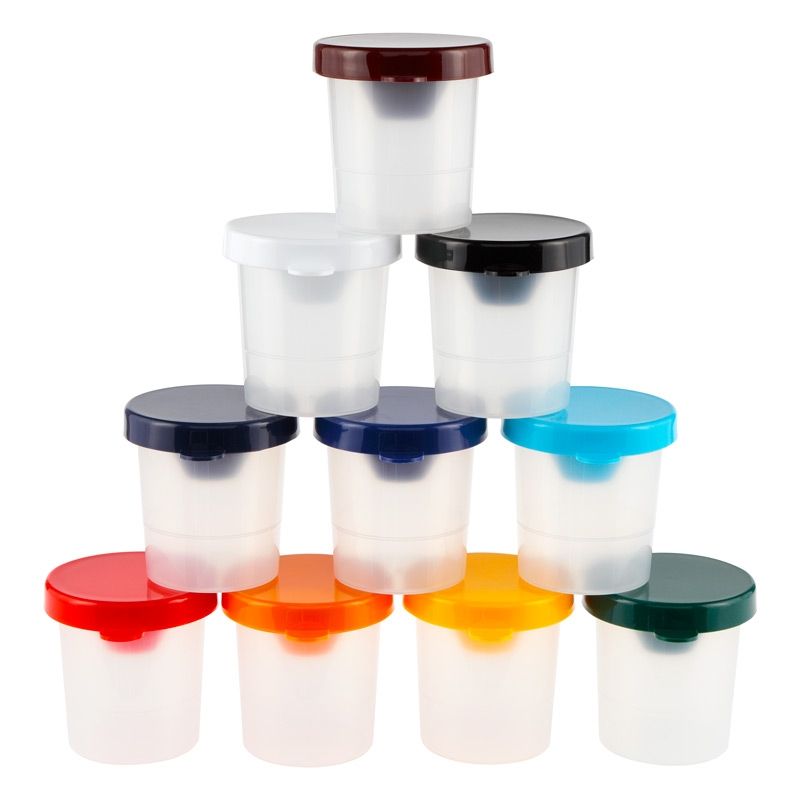 No-Spill Paint Cups, Assorted Color Lids/Cear Cups, 10/Set