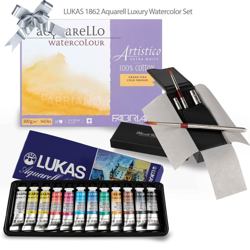 LUKAS 1862 Watercolor Gift Set Fabriano 9x12" Block, Mimik Watercolor Brush Set of 4