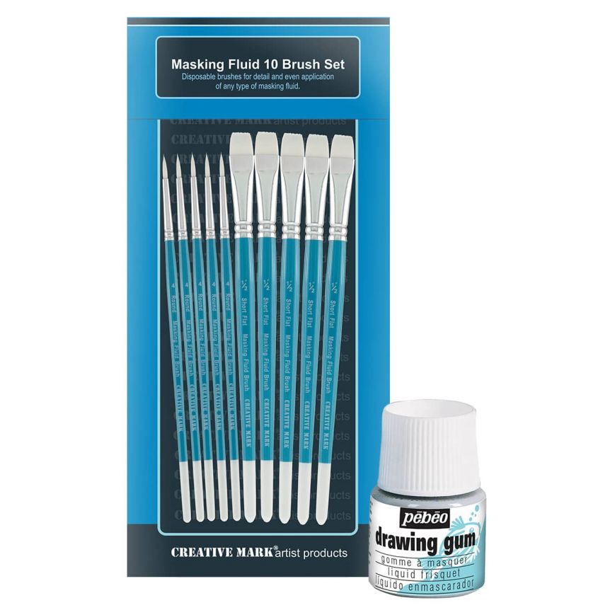 Masking Fluid Brush Set of 10 w/ Pebeo 45ml Latex-Free Drawing Gum