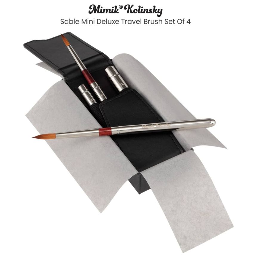 Kolinsky Sable Mini Deluxe Travel Brush Set 4 Leather Case - Mimik