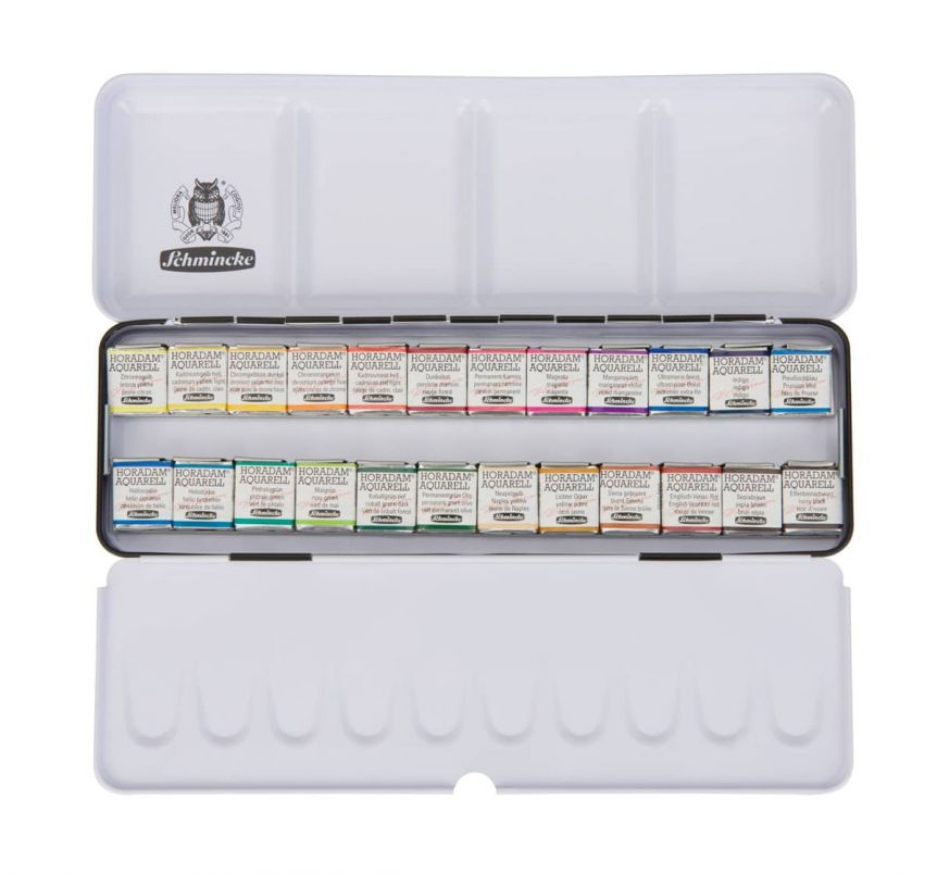 Schmincke Horadam Aquarell Watercolor - Metal Box Set of 24, Half Pans