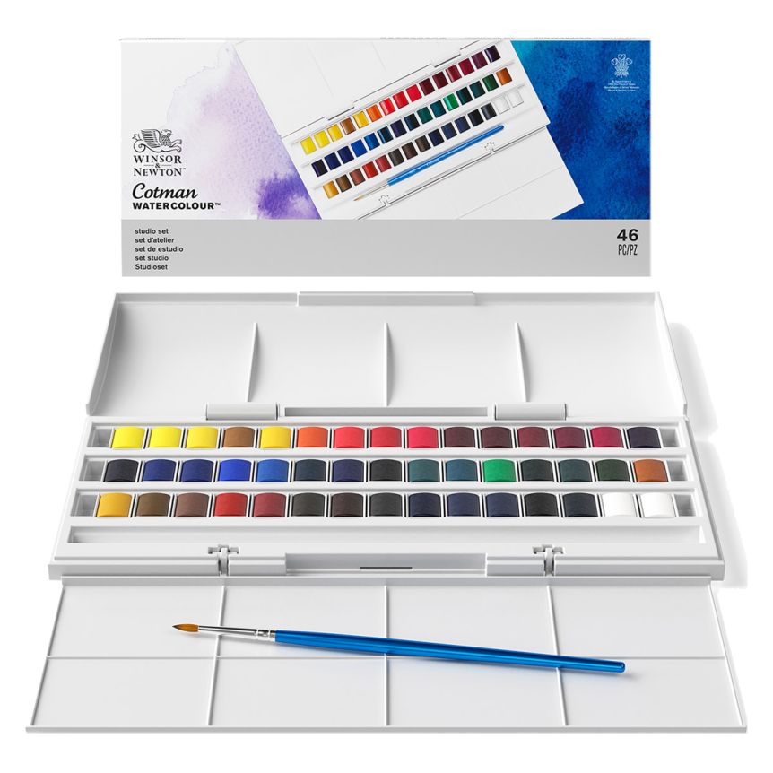 Winsor & Newton Cotman Watercolor Paint Set, 12 Half Pan w/ Water Brush Pen  and Mixing Palette