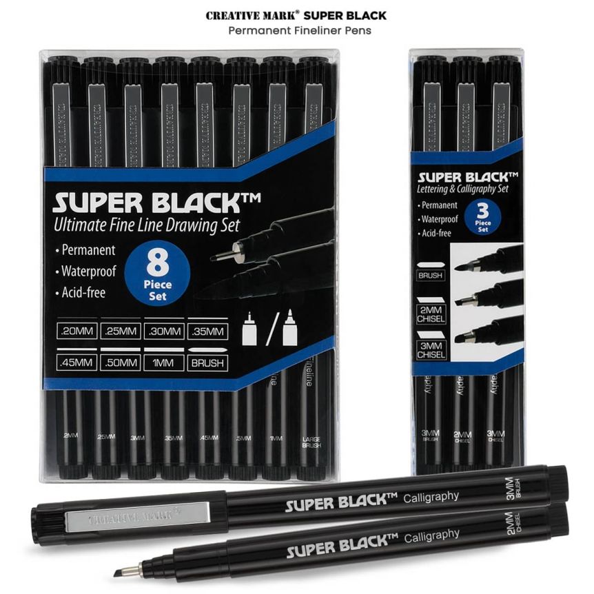 Creative Mark CAlligraphy & Fineliner Pen Set Lettering Drawing Super  Black, Permanent, Waterproof, & Acid-Free Chisel Nylon-Nibs Pens & Medium  Brush