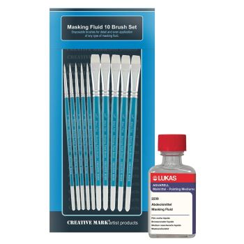 Masking Fluid Brush Set of 10 w/ Lukas 50ml Masking Fluid