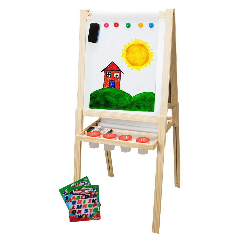 First Impressions Children's Solid Wood Art Easel (2nd Edition) Dry Erase Board and Magnetic Chalk Board Includes Numbers, Letters, Markers, Chalk & E