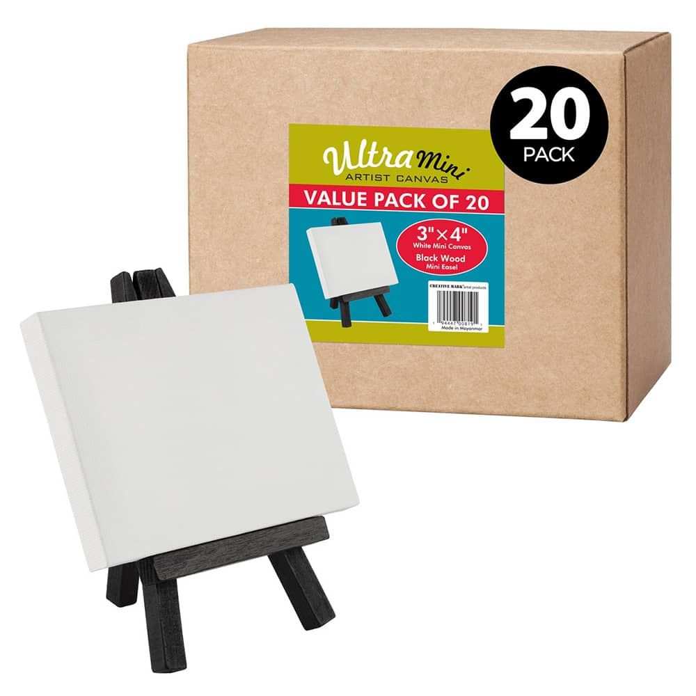 Ultra-Mini Box of 50 Easels w/ 50 Stretched Canvases 2x2 - Natural Easel