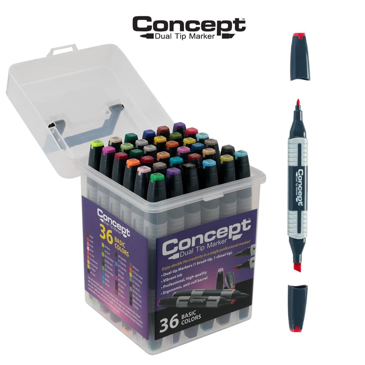 Concept 36 PC Dual Tip Art Markers Set, Artist Coloring Markers for Adult Coloring Books and Kids for Sketching, Drawing & Doodling Includes An