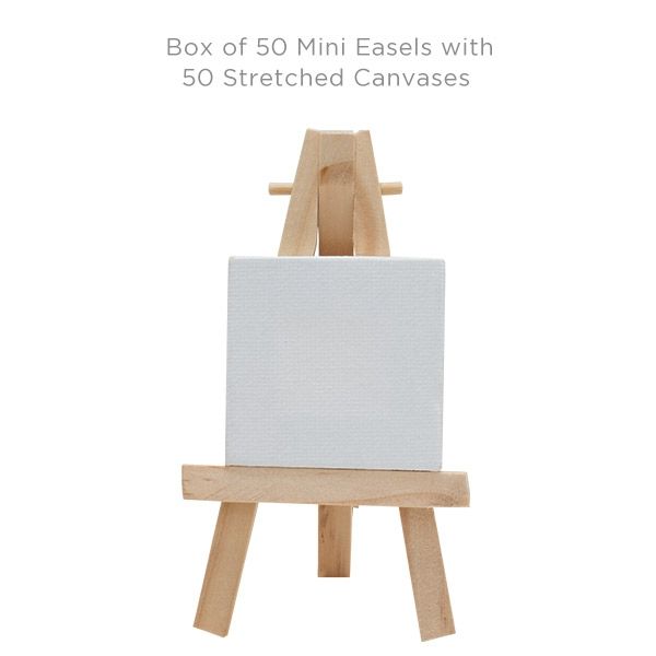 Ultra-Mini Box of 50 Easels w/ 50 Stretched Canvases 2x2 - Natural Easel