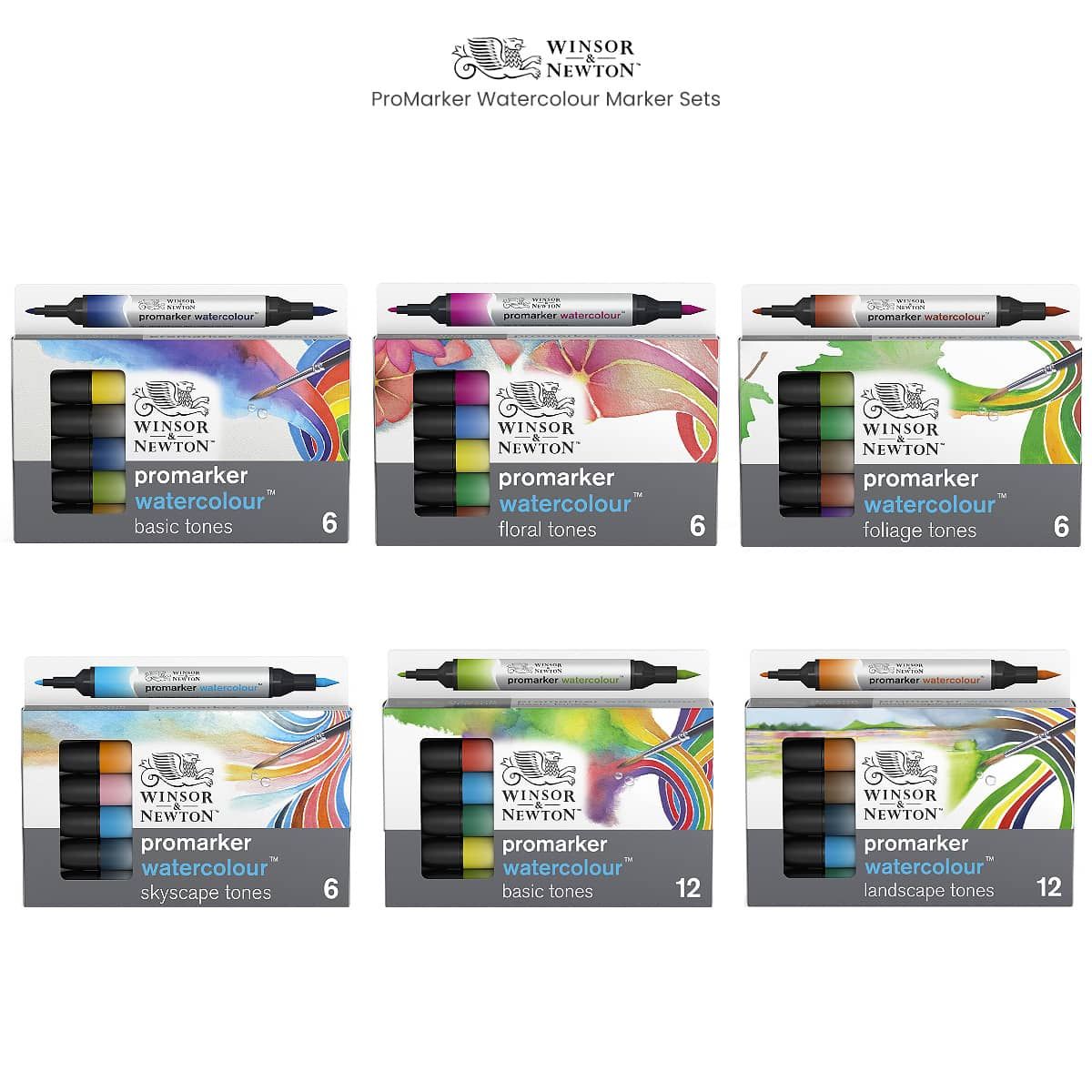 Winsor & Newton ProMarker Watercolor Marker Set, 6-Colors, Sky Tones