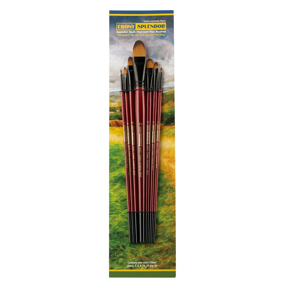 Ebony Splendor Synthetic Teijin Brush Long Handle Brush Filbert Set (Set of 7)