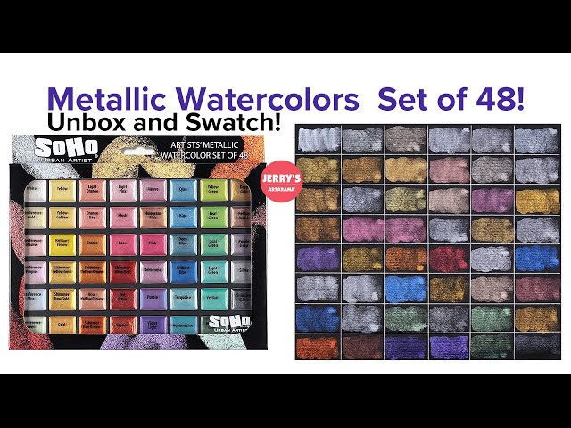 Tinge Artist Glitter Watercolor Paints, Half Pan 48 Colors, Set with 3 Water Brush Pens, Metallic Solid Water Color, Black Me